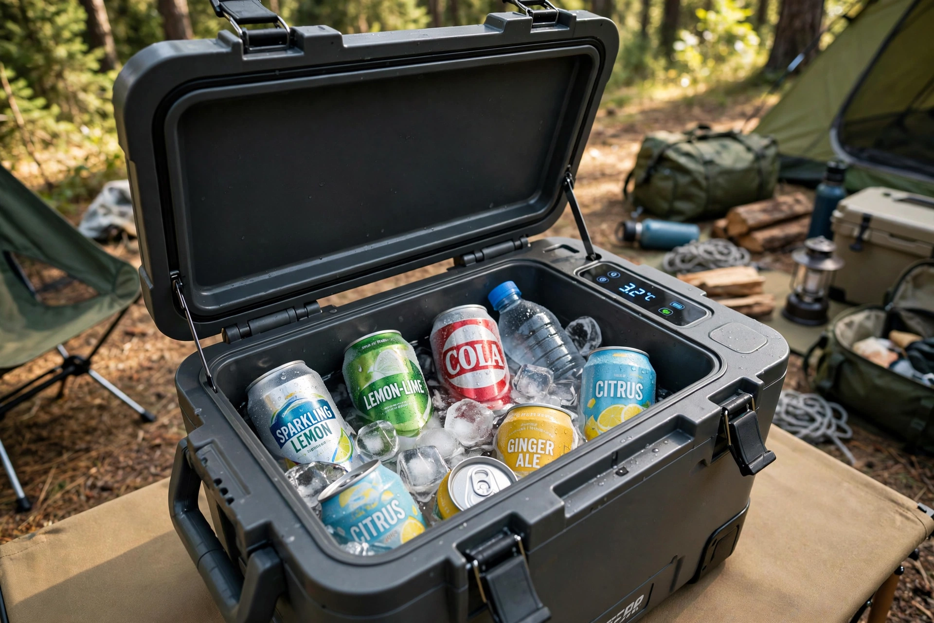 Compressor portable fridge open at a campsite with cold drinks inside
