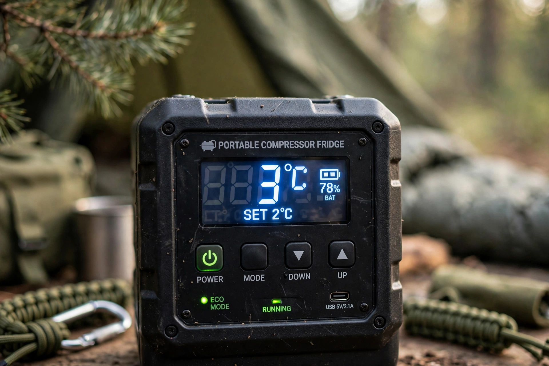 Digital temperature display on a portable compressor fridge control panel
