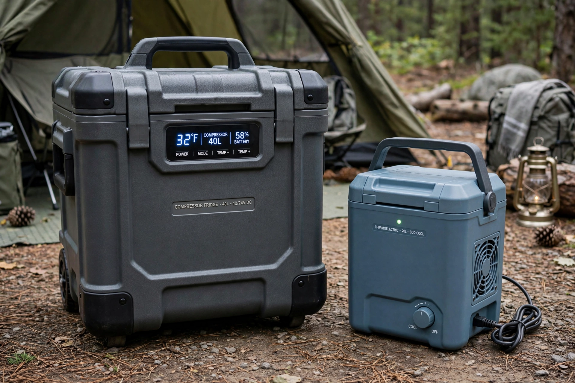 Compressor fridge next to a thermoelectric cooler showing size and build differences