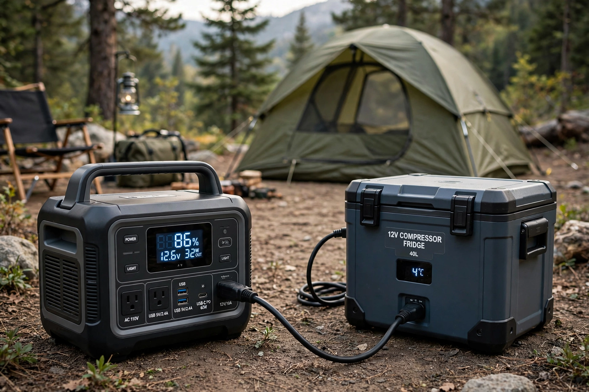 Portable power station powering a 12V compressor fridge at an off-grid campsite
