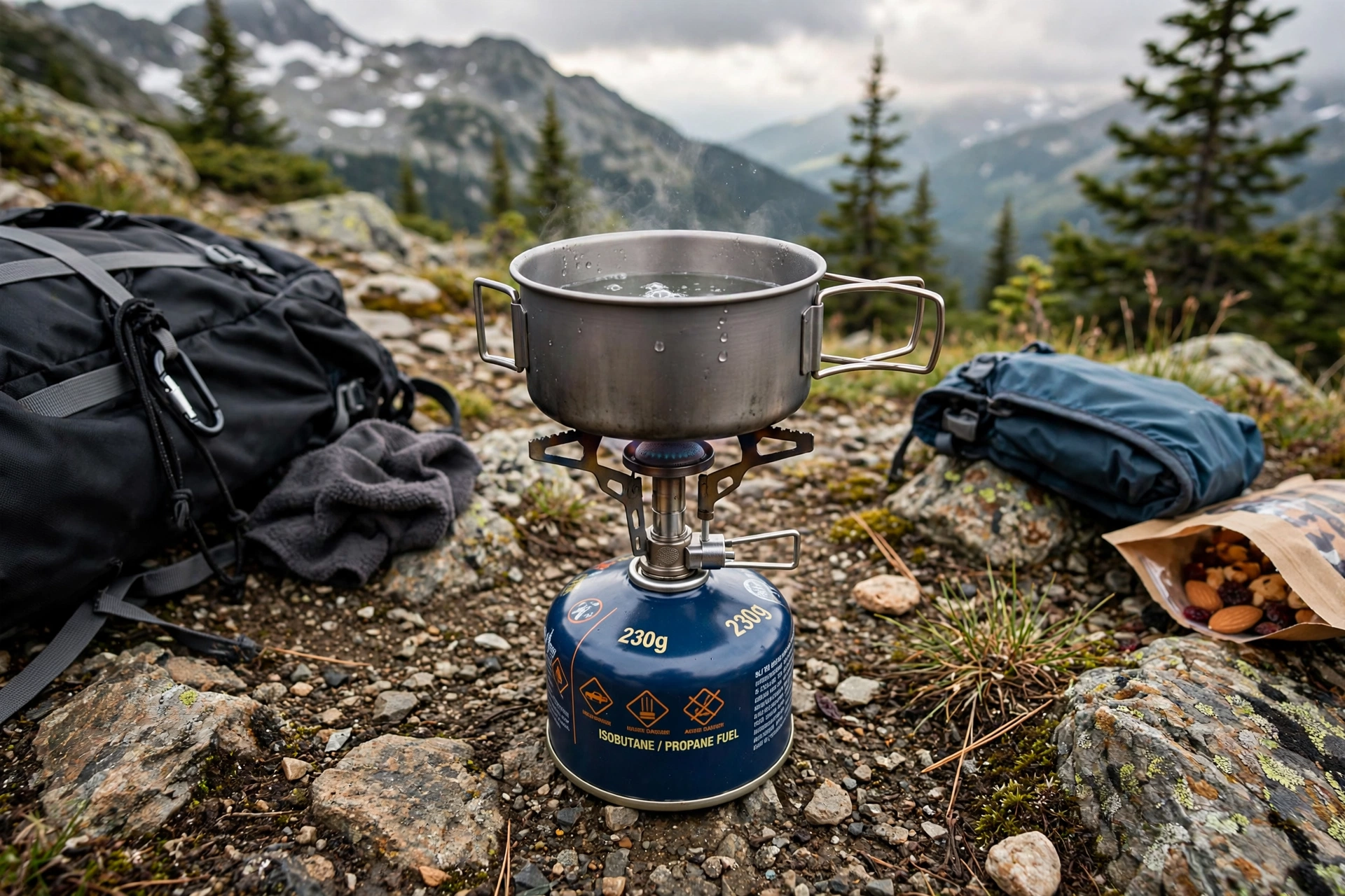 Canister camp stove with isobutane fuel canister set up at a mountain campsite