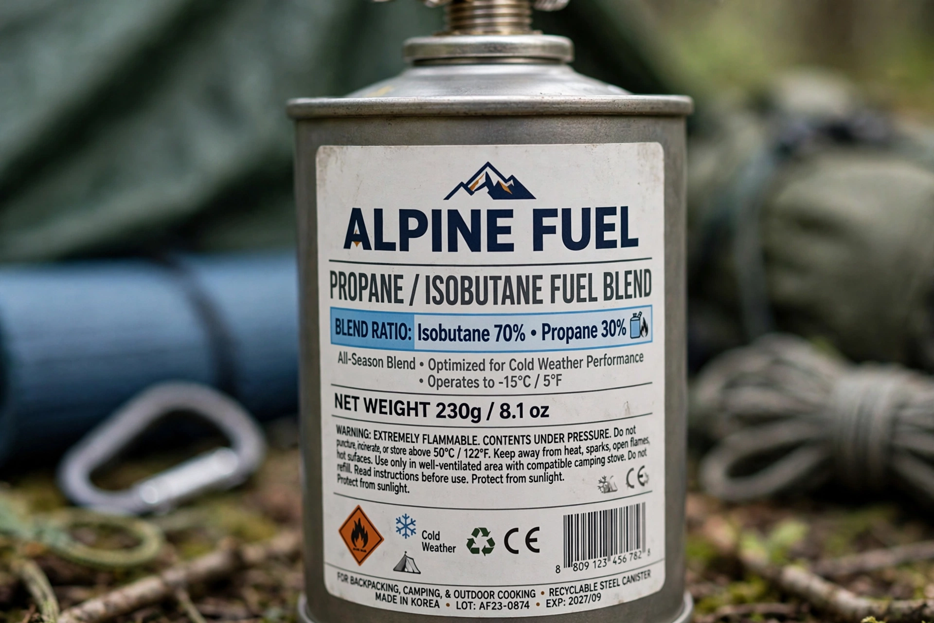 Close-up of a backpacking fuel canister label showing the isobutane propane blend