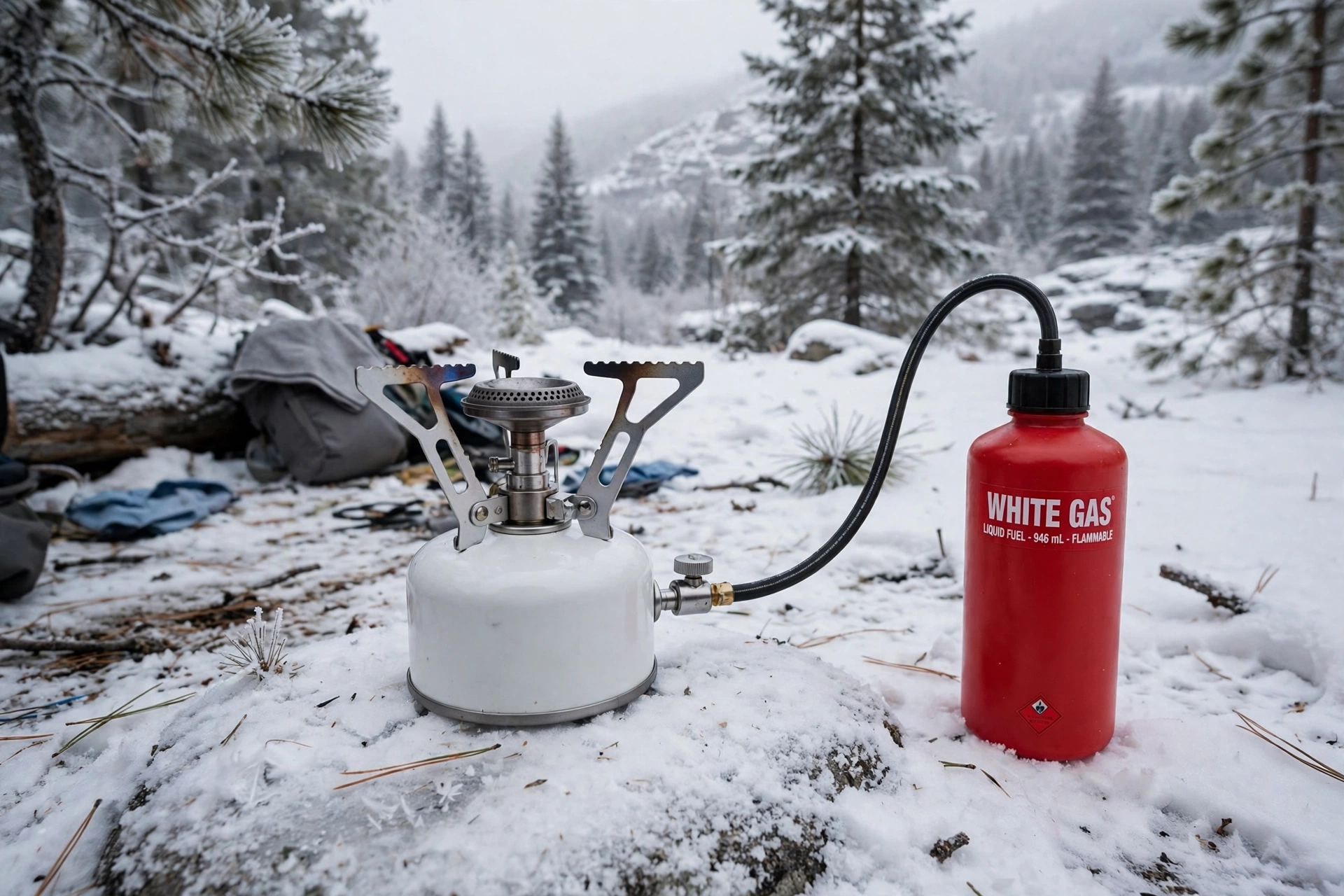 White gas liquid-fuel camp stove with red fuel bottle at a snowy winter campsite