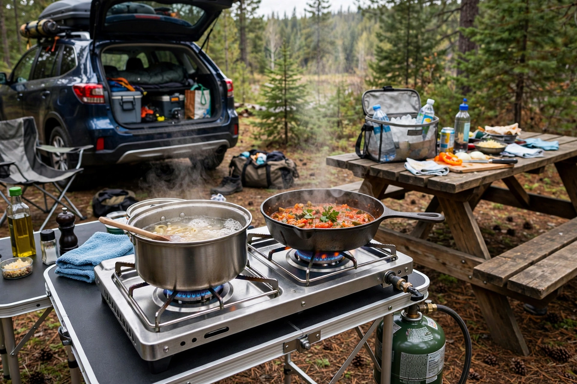 Two-burner propane camp stove with pots cooking at a car campsite