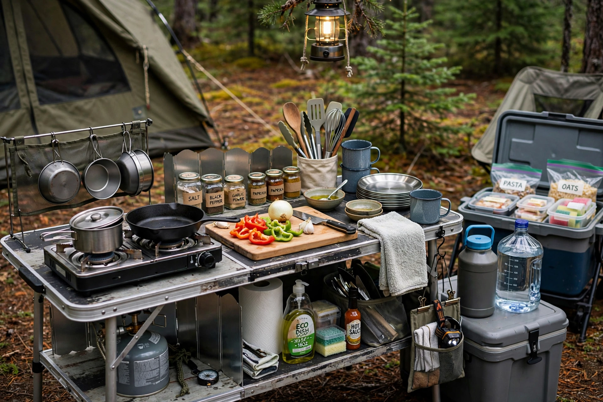 Complete camp kitchen setup at a campsite with stove, prep table, and organized cooking gear