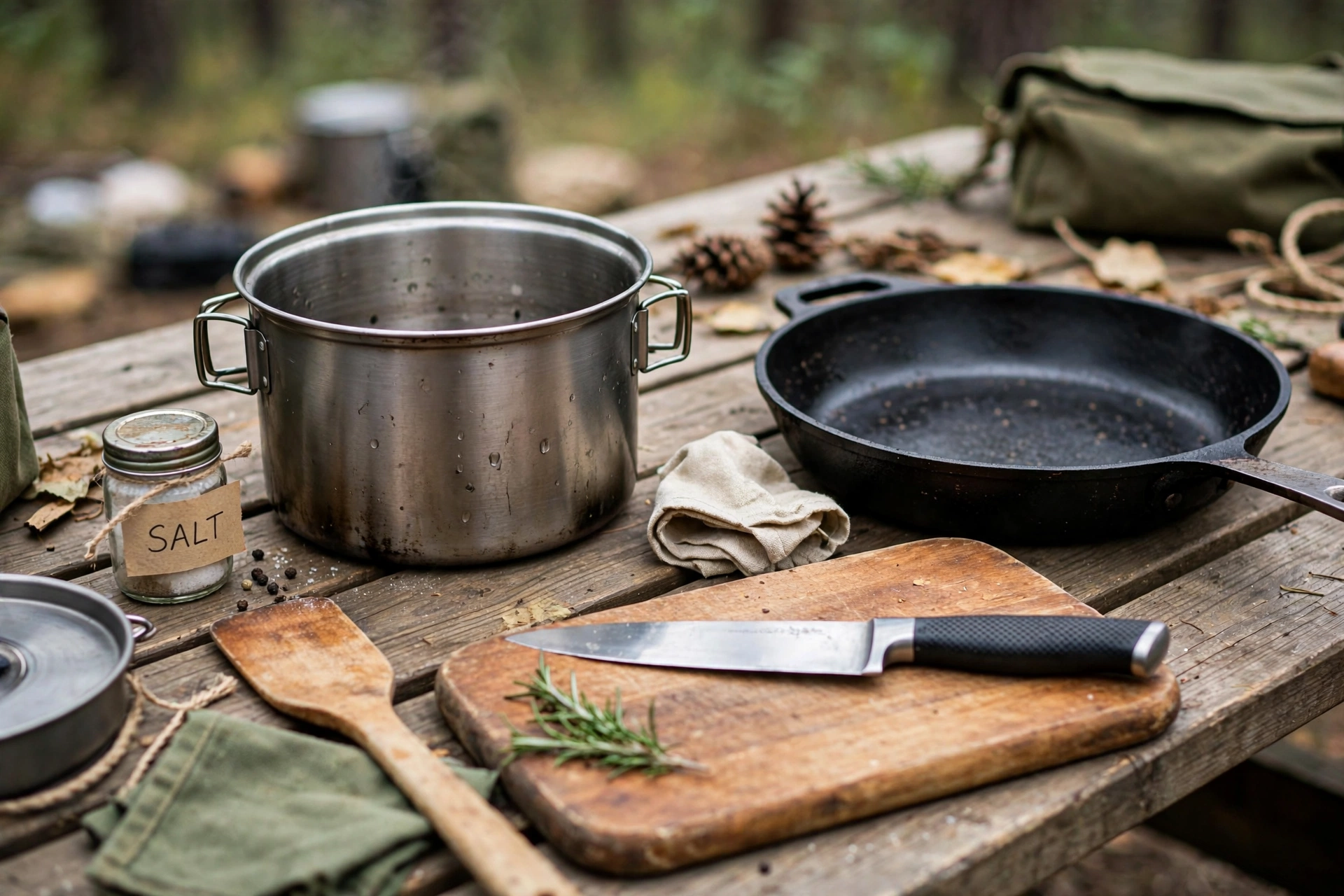 Camp cookware arranged on a picnic table including pot, pan, spatula, knife, and cutting board