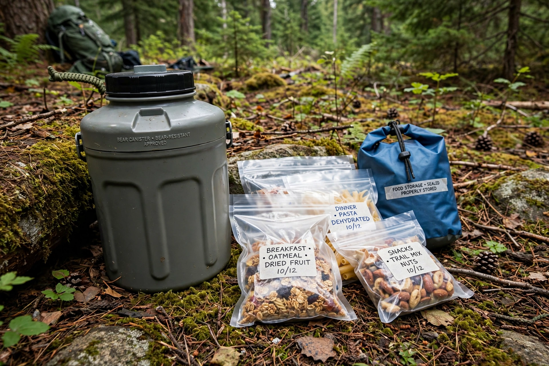 Bear canister and sealed food bags stored properly at a backcountry campsite
