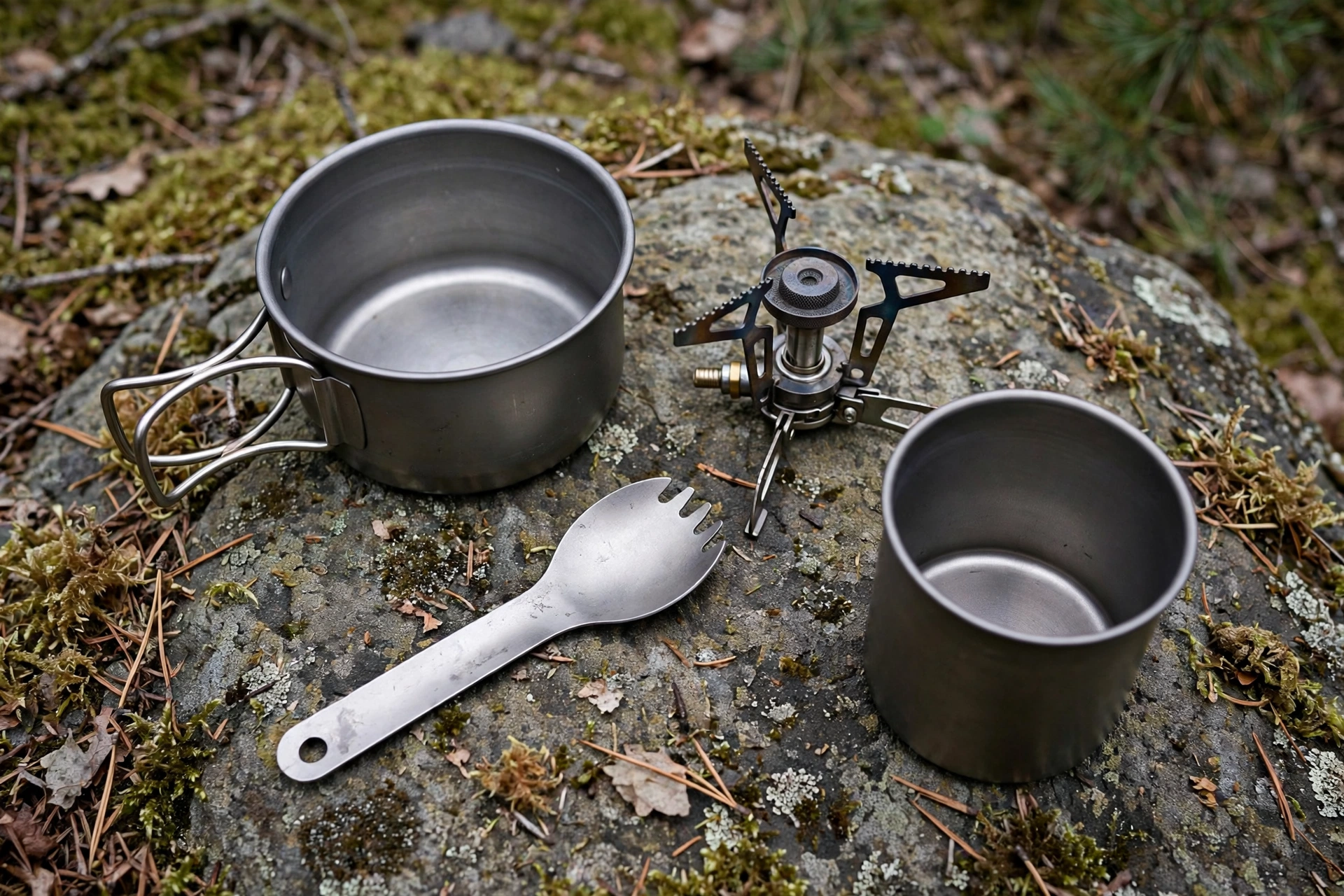 Ultralight backpacking cook kit with single pot, spork, mug, and canister stove
